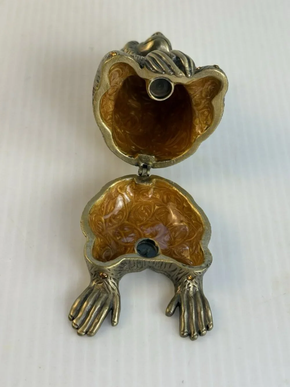 Vintage Cast Brass Monkey Trinket Dish Figurine Amber Rhinestone Crystals Heavy